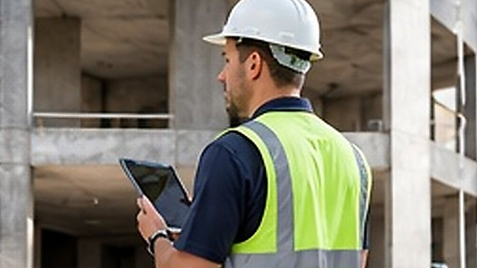 Inspector with a tablet examining a building structure