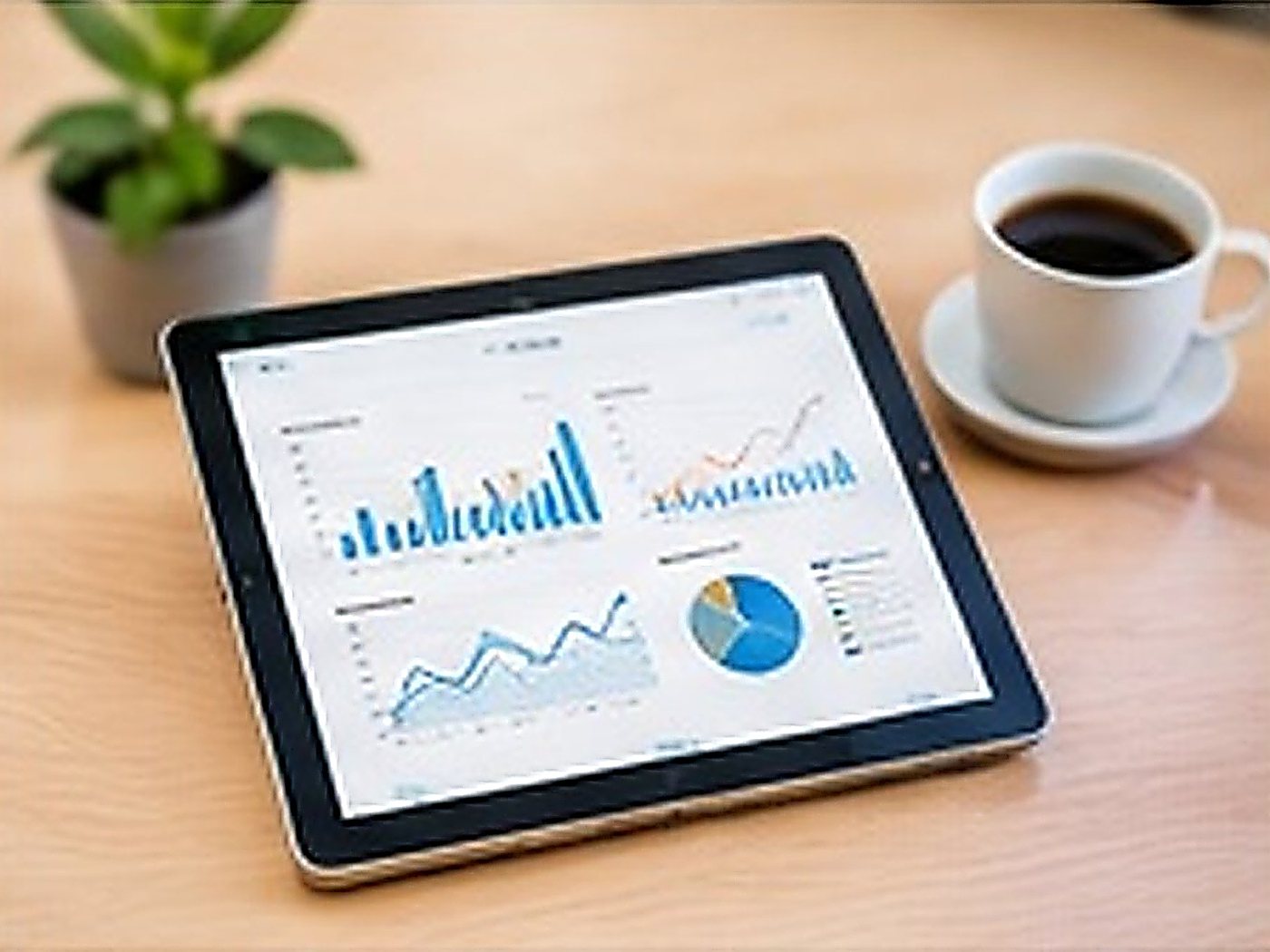 Financial charts on a tablet next to a coffee cup